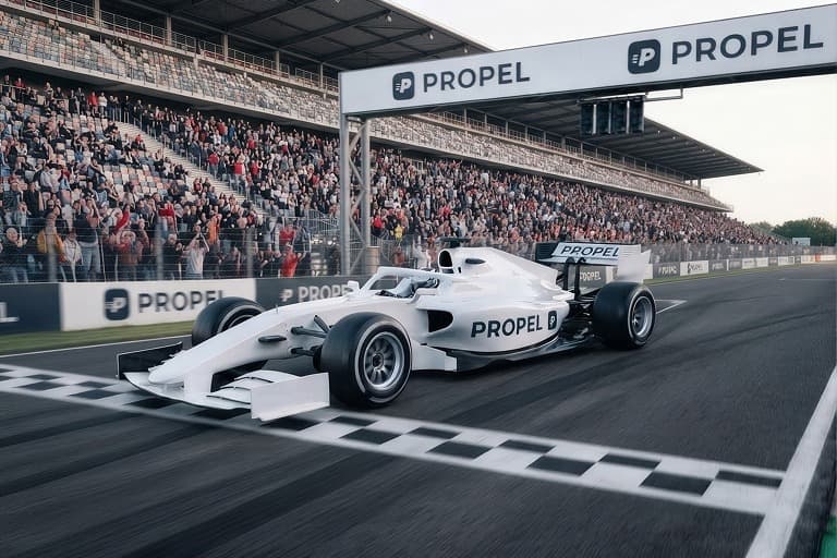 A white Propel race car crossing the finish line in front of a packed grandstand