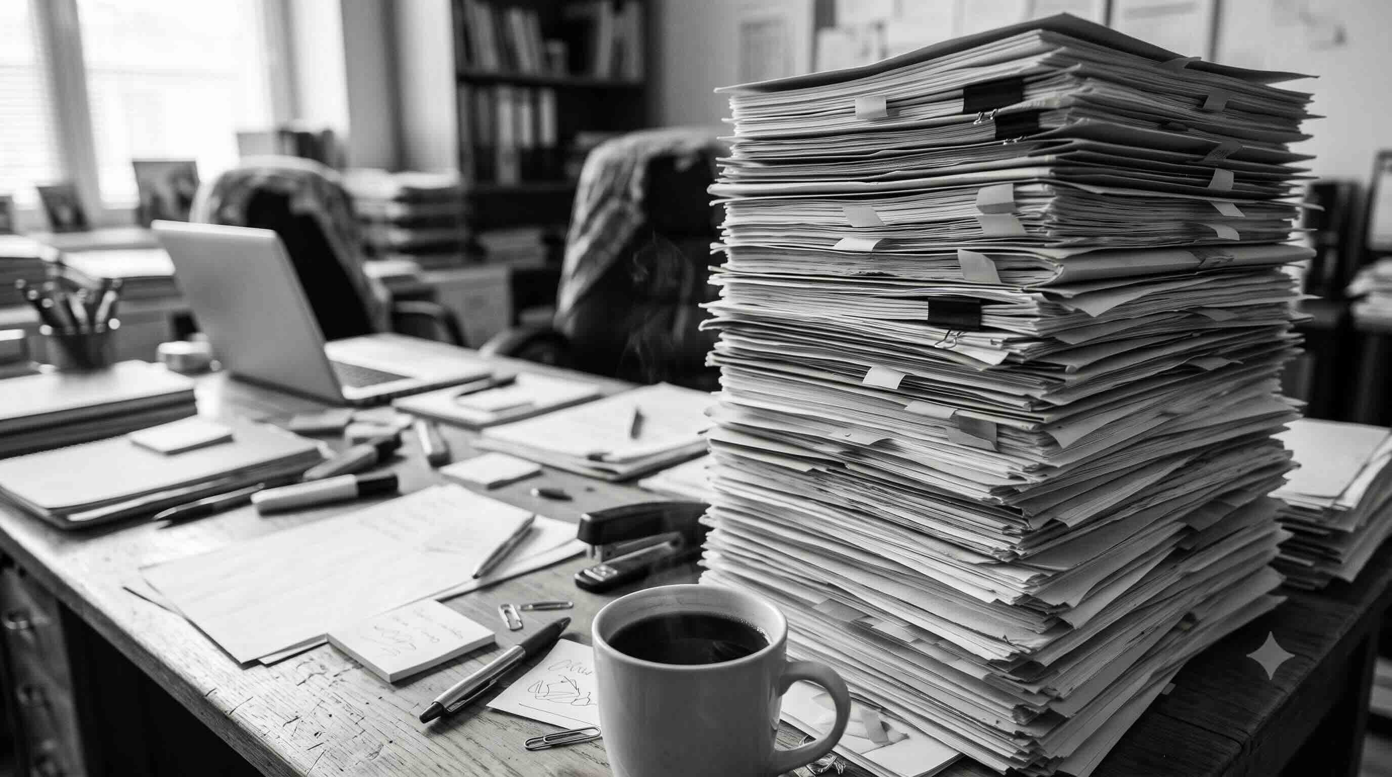 A tall stack of paper files on a cluttered office desk beside a cup of coffee, in black and white