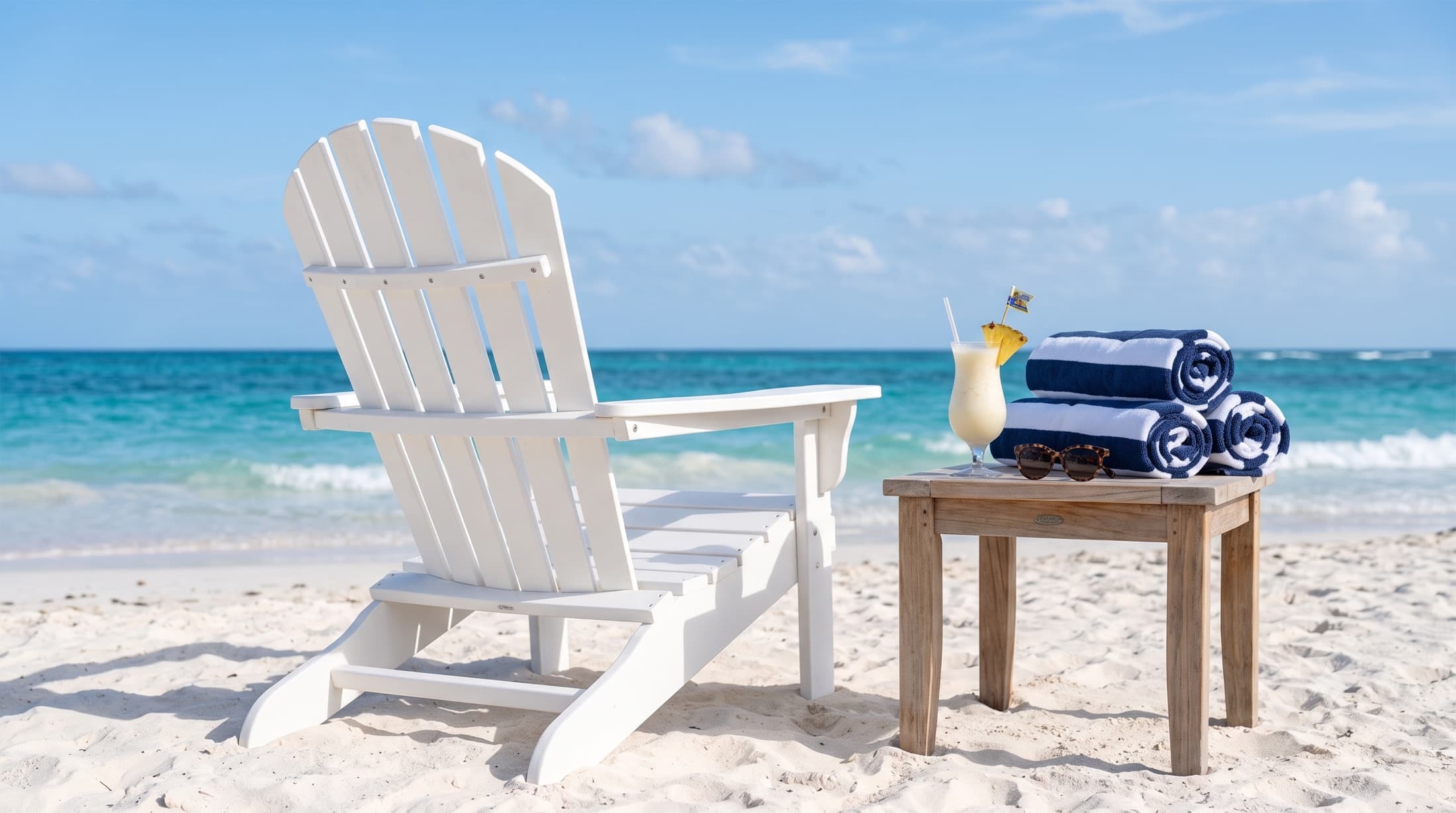 An empty Adirondack chair and a piña colada on a quiet white-sand beach