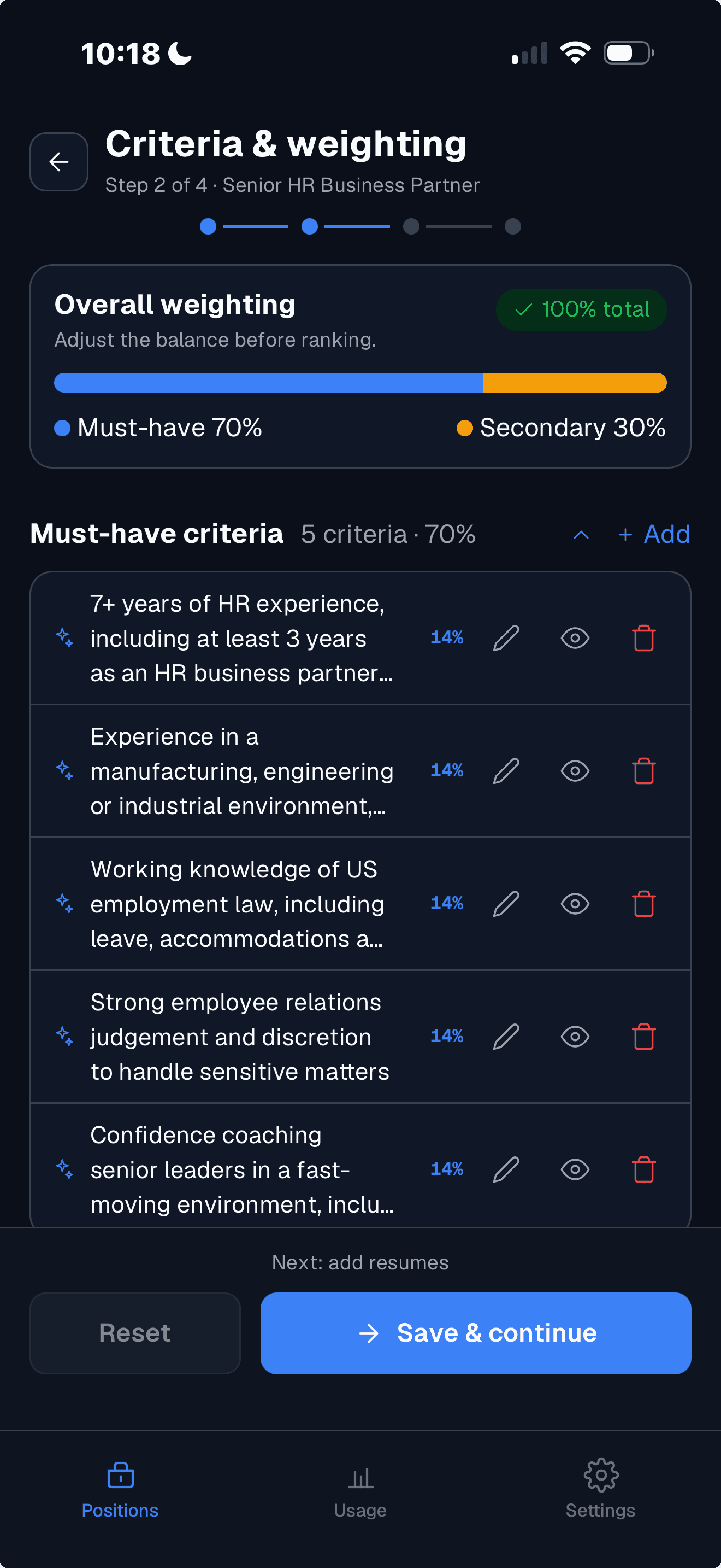 The Propel app's Criteria and weighting screen: a 70% must-have and 30% secondary split, and a list of must-have criteria that can each be edited, muted or deleted