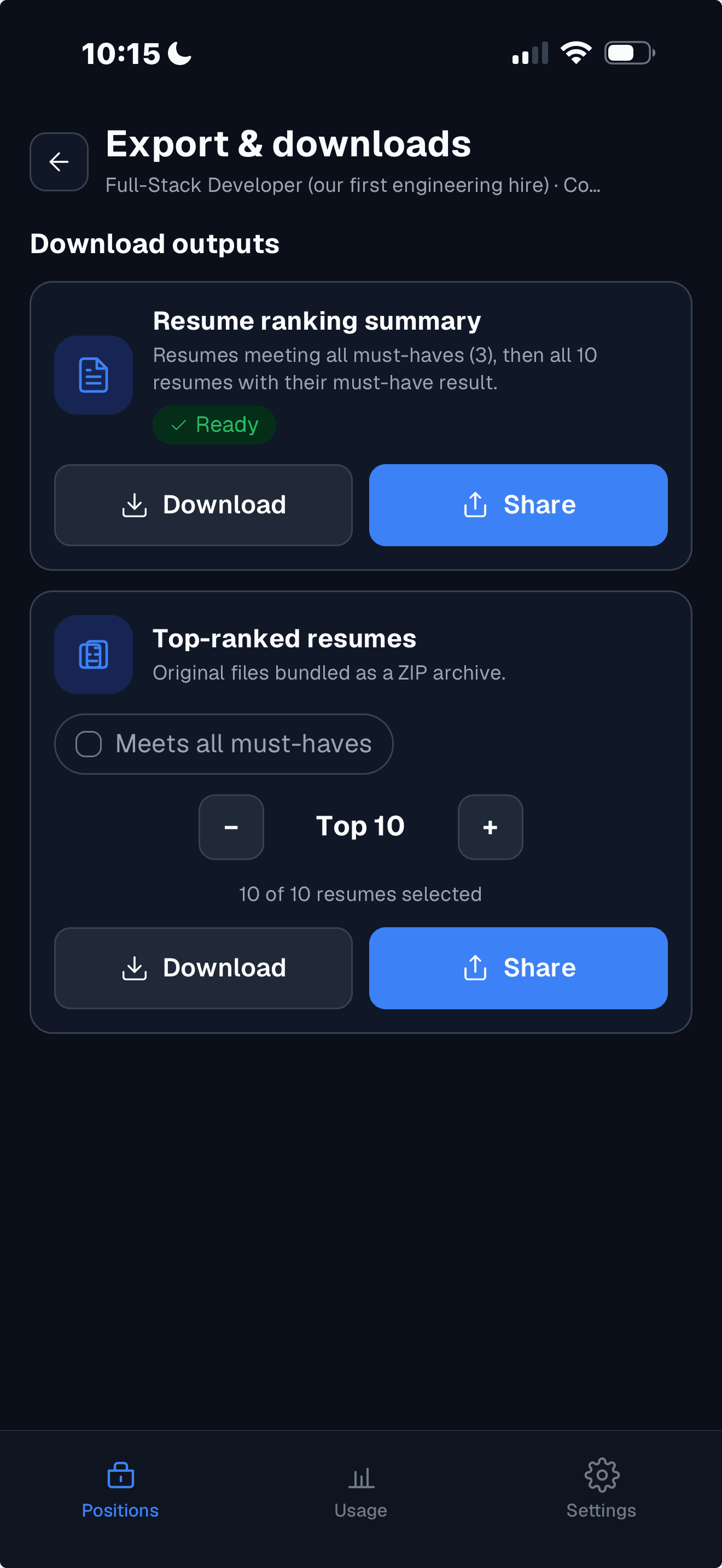 The Propel app's Export and downloads screen: a resume ranking summary document and a ZIP of the top-ranked resumes, each with Download and Share buttons
