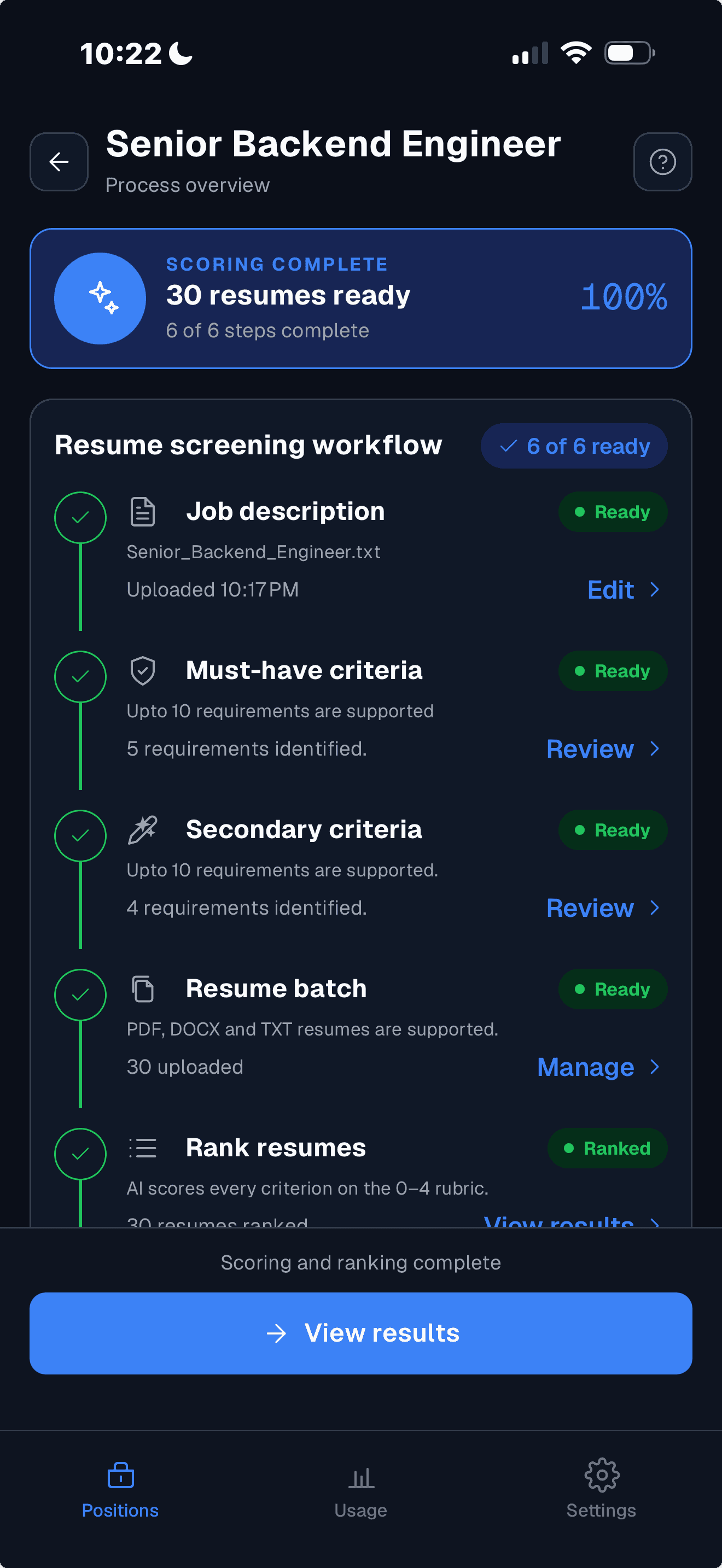 The Propel app's process overview for a Senior Backend Engineer position: all six workflow steps ready, 30 resumes ranked, and a View results button