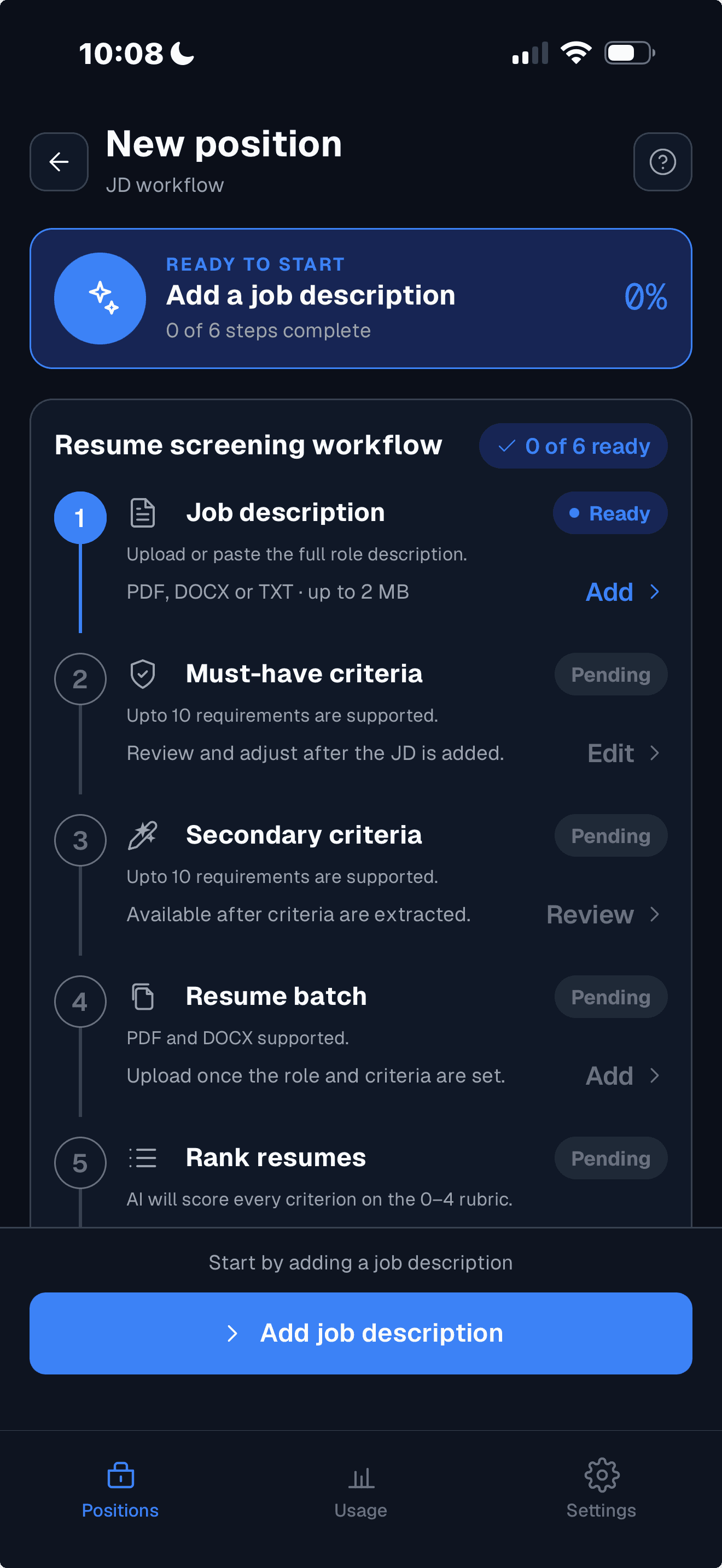 The Propel app's New position screen: a six-step resume screening workflow with the job description step ready to start and an Add job description button