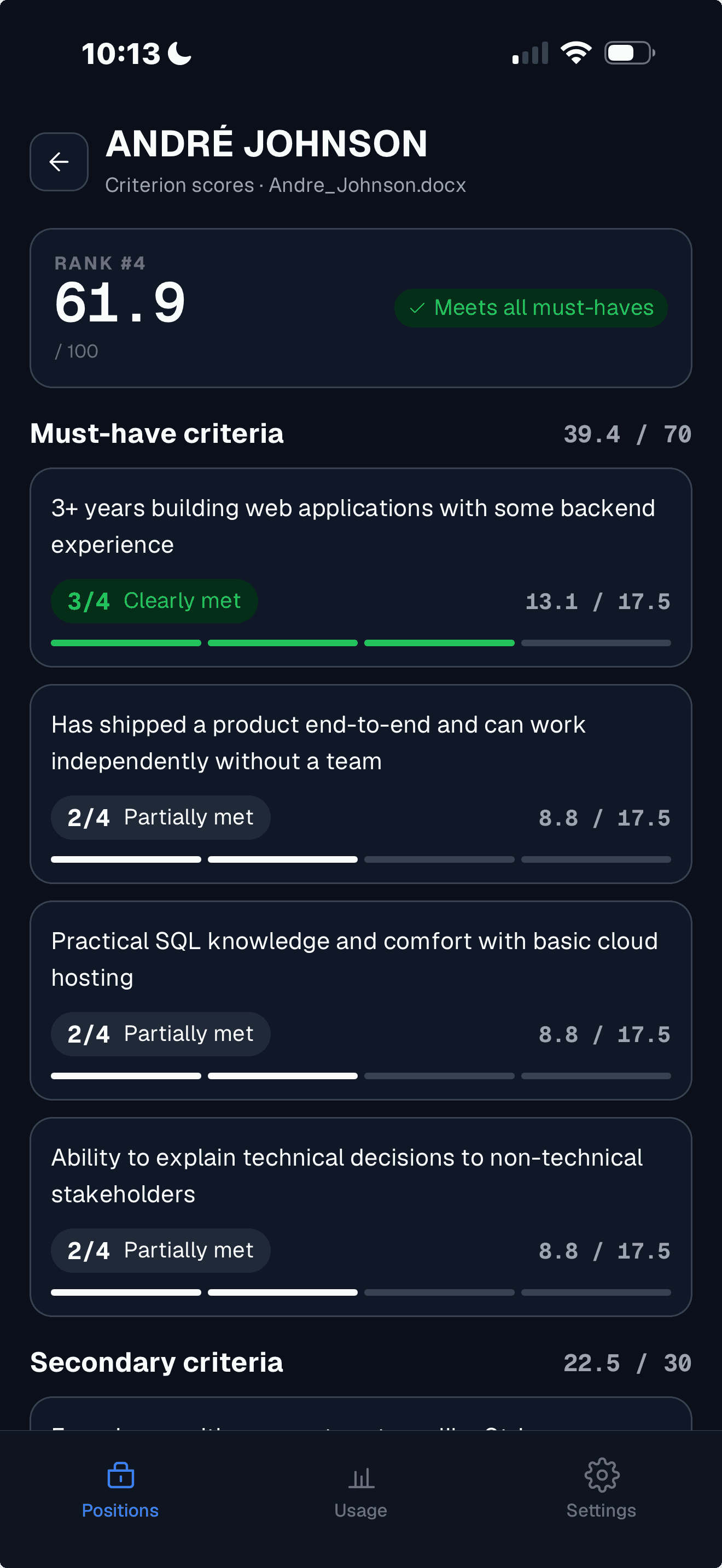 Another candidate's criterion scores in the Propel app: rank 4 with 61.9 out of 100, with ratings of 3/4 Clearly met and 2/4 Partially met on the must-have criteria