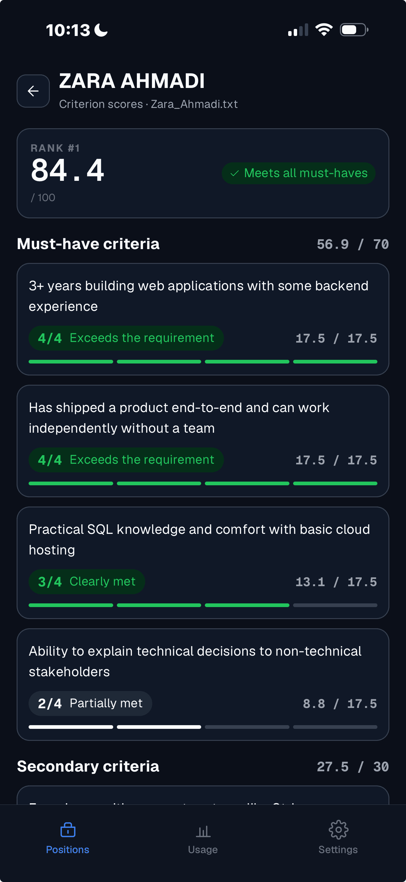 A candidate's criterion scores in the Propel app: rank 1 with 84.4 out of 100, meets all must-haves, and a 0 to 4 rating with points earned on each must-have criterion
